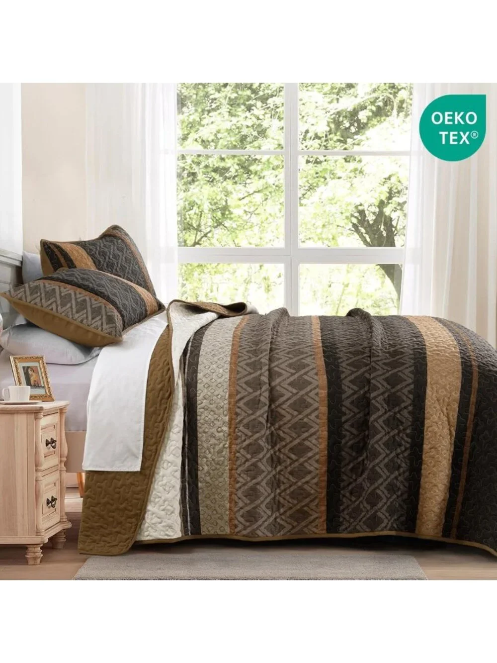 Boho King Size Quilt Set - Soft 3-Piece Striped Bedding, Lightweight Fall